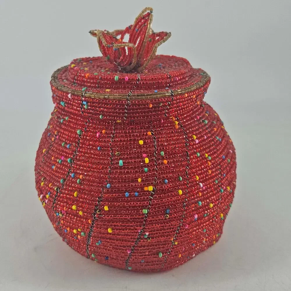 Vintage handcrafted red African beaded lidded jar trinket dish